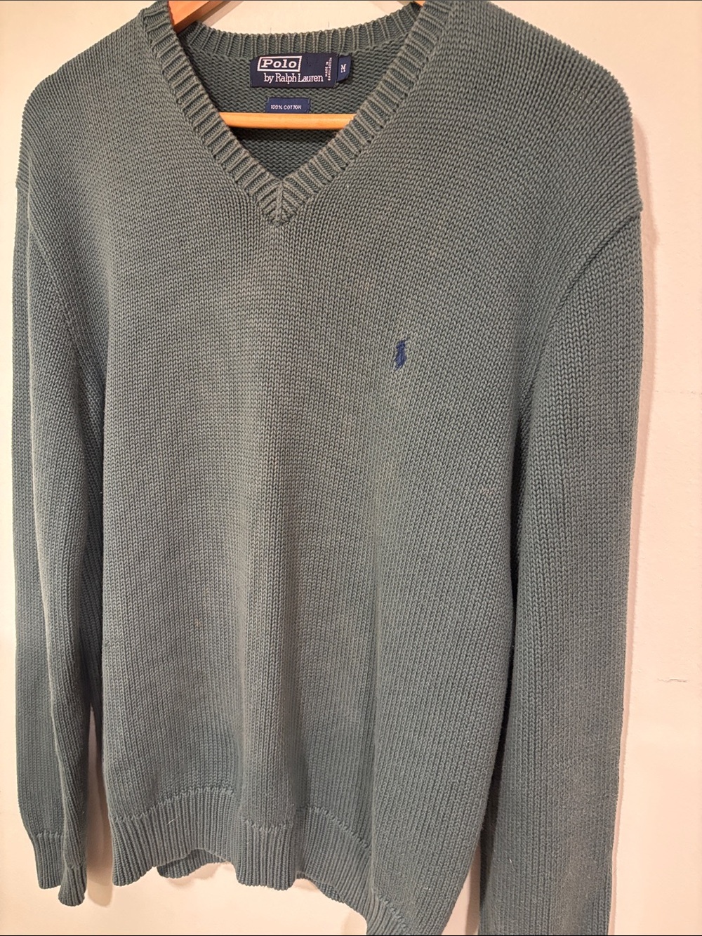 Polo by Ralph Lauren Vintage Men's V-Neck Sweater in Sage Green 100% Cotton